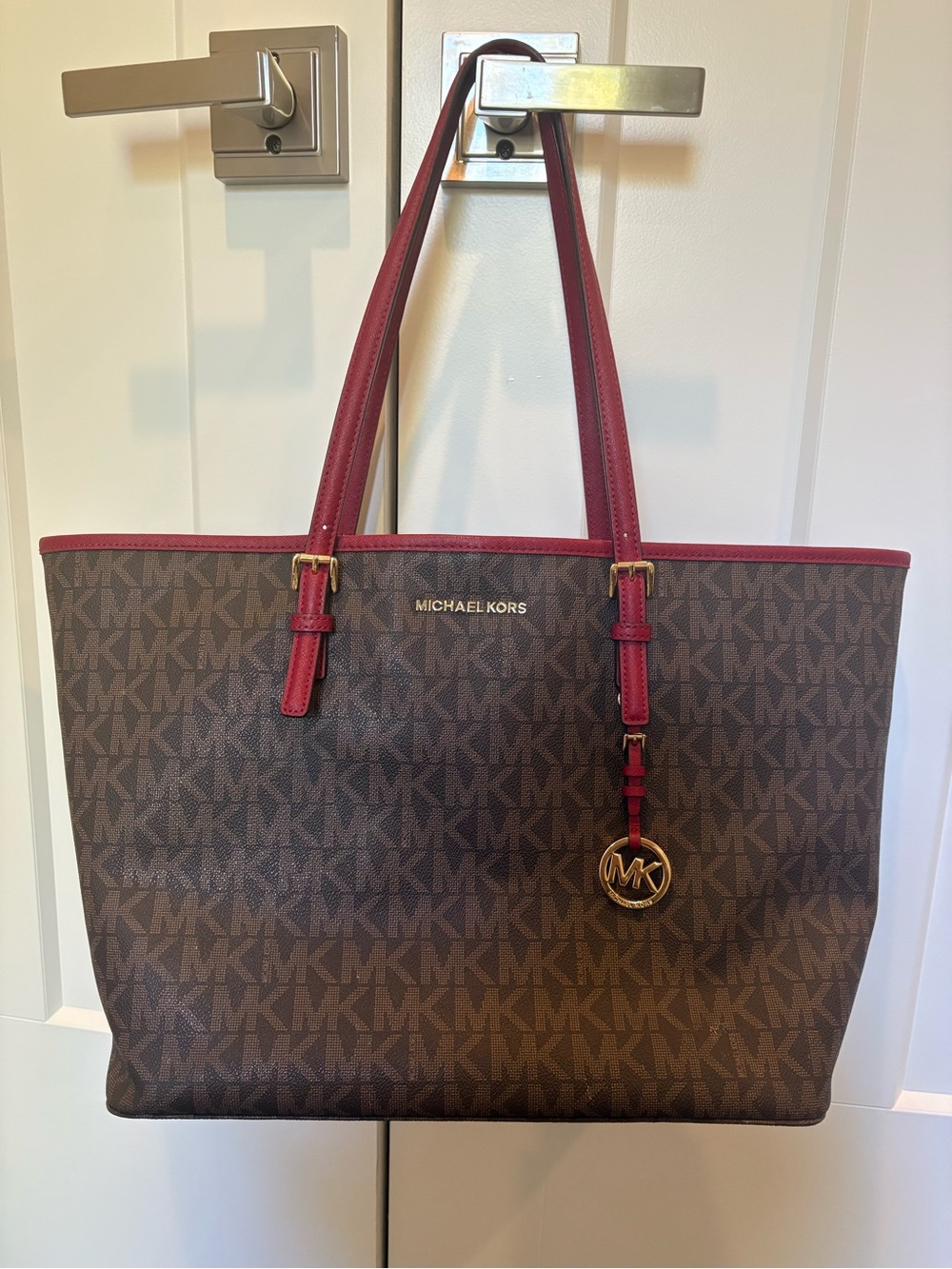 Michael Kors Jet Set Travel Large Signature MK Tote Brown Red Gold